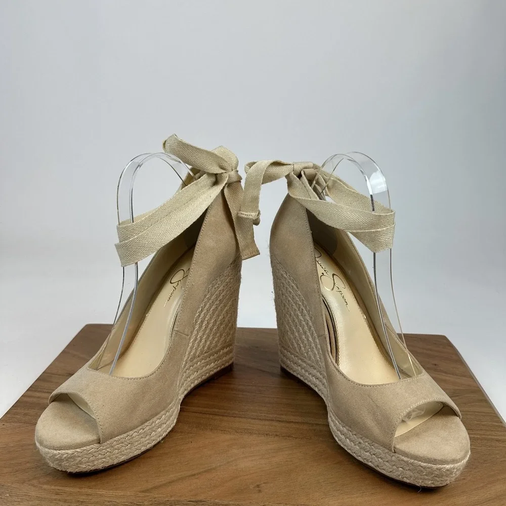New Womens Jessica Simpson Zavida Beige Ankle Tie Platform Wedges Size 9.5 M‎